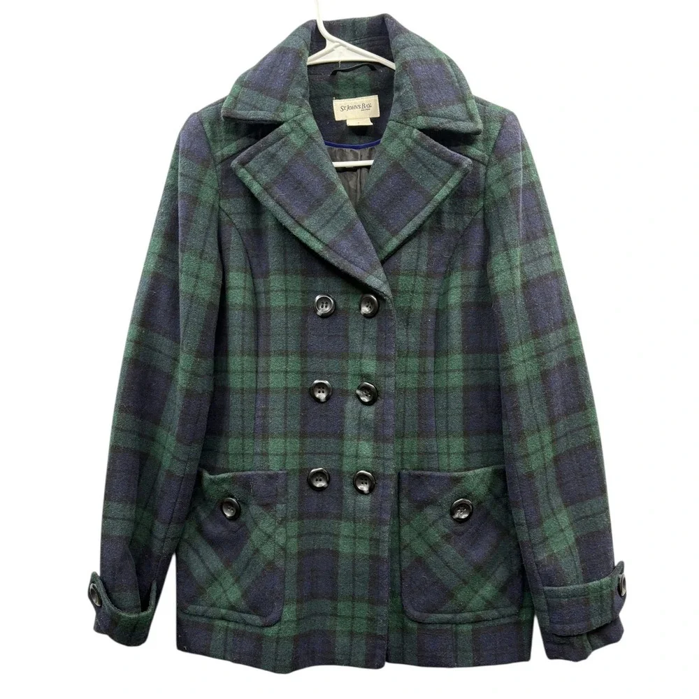 St.‎ John's Bay Women's Plaid Peacoat Preppy Academia Y2K Wool Blend Outerwear S